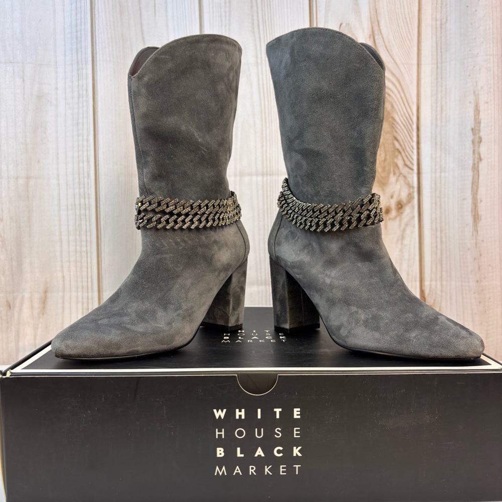 WHBM Suede Boots Chain Bracelet Chunky Mid Heel Boot Smoked Pearl Size 6 - Picture 3 of 16